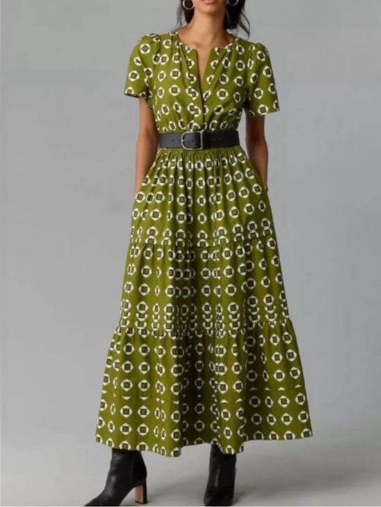 Anthropologie Dresses & Skirts - Anthropologie Somerset Olive Green Geometric Tiered Maxi Dress Sz L Cotton